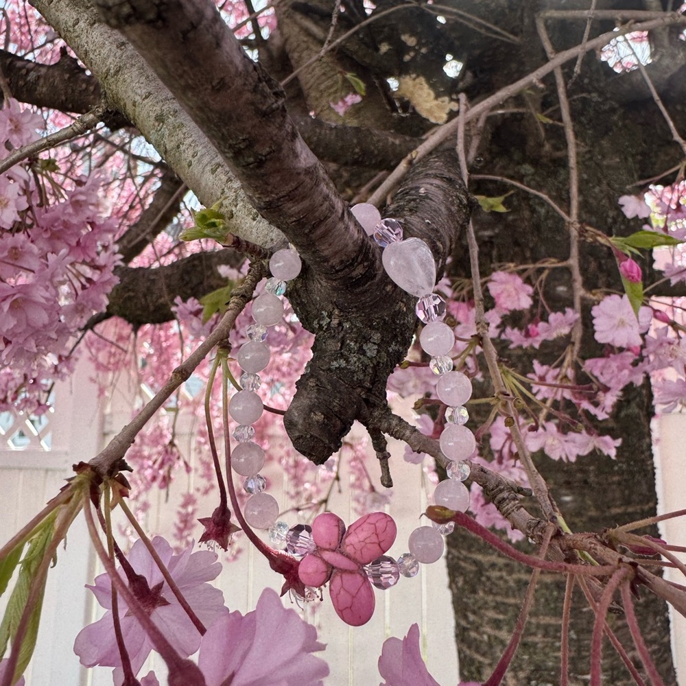 Pink Quartz Bracelet with Butterfly & Heart Charm
